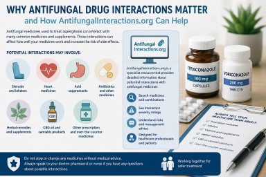 Medical infographic explaining antifungal drug interactions in aspergillosis, including steroids, inhalers, supplements and heart medicines.