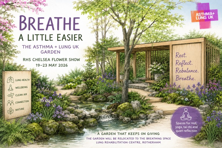 Illustration of the Asthma + Lung UK Breathing Space Garden at the RHS Chelsea Flower Show featuring calming woodland planting, flowing water, accessible pathways, and spaces for rest and wellbeing.