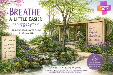 Illustration of the Asthma + Lung UK Breathing Space Garden at the RHS Chelsea Flower Show featuring calming woodland planting, flowing water, accessible pathways, and spaces for rest and wellbeing.