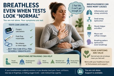Person with chronic lung disease experiencing severe breathlessness despite normal oxygen saturation readings, alongside breathing retraining and respiratory health information