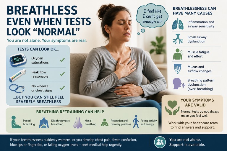 Person with chronic lung disease experiencing severe breathlessness despite normal oxygen saturation readings, alongside breathing retraining and respiratory health information