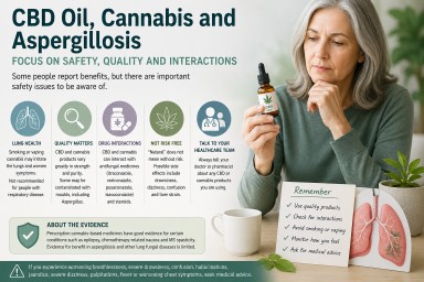 Educational infographic about CBD oil, cannabis and aspergillosis explaining safety concerns, lung risks and antifungal drug interactions.