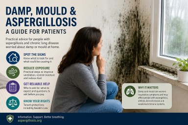 Person with respiratory illness looking at damp and mould on a wall inside a home