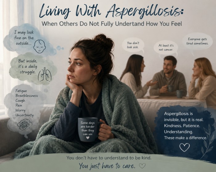 Illustration of a woman living with aspergillosis sitting wrapped in a blanket looking exhausted and thoughtful while people in the background make dismissive comments, highlighting the emotional burden and invisible symptoms of chronic lung disease.
