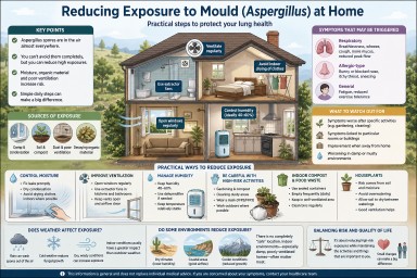 Infographic showing how to reduce Aspergillus mould exposure at home including ventilation, humidity control, cleaning, and common sources like damp, compost, and houseplants