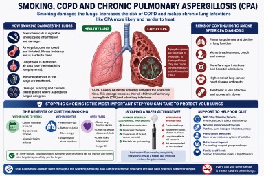 Medical infographic explaining how smoking damages the lungs, increases COPD risk and contributes to Chronic Pulmonary Aspergillosis (CPA), including smoking cessation and vaping advice.