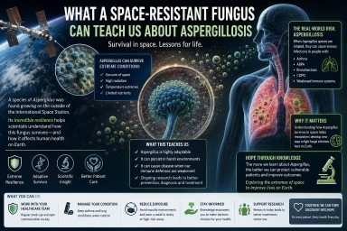 Infographic showing a space-resistant Aspergillus fungus near the International Space Station alongside lungs affected by aspergillosis, illustrating how fungal survival research in space may improve understanding of human fungal disease.