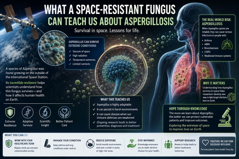 Infographic showing a space-resistant Aspergillus fungus near the International Space Station alongside lungs affected by aspergillosis, illustrating how fungal survival research in space may improve understanding of human fungal disease.