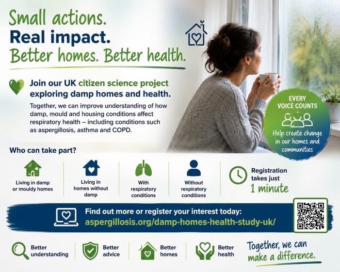 Promotional poster for a UK citizen science project exploring damp homes, mould exposure and respiratory health including aspergillosis