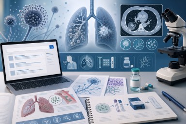 Illustration of aspergillosis research papers, a microscope, lung scan and fungal spores representing a weekly update on new Aspergillus and aspergillosis studies.