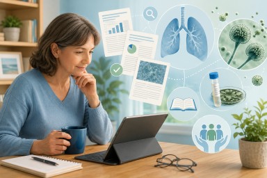 Person reading a patient-friendly aspergillosis research update with lung, laboratory and fungal research illustrations.