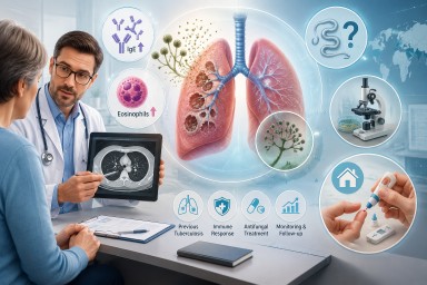 Respiratory specialist discussing lung scan results with a patient, illustrating diagnosis of Allergic Bronchopulmonary Aspergillosis (ABPA), Chronic Pulmonary Aspergillosis (CPA), eosinophils, IgE testing, antifungal treatment and home monitoring.