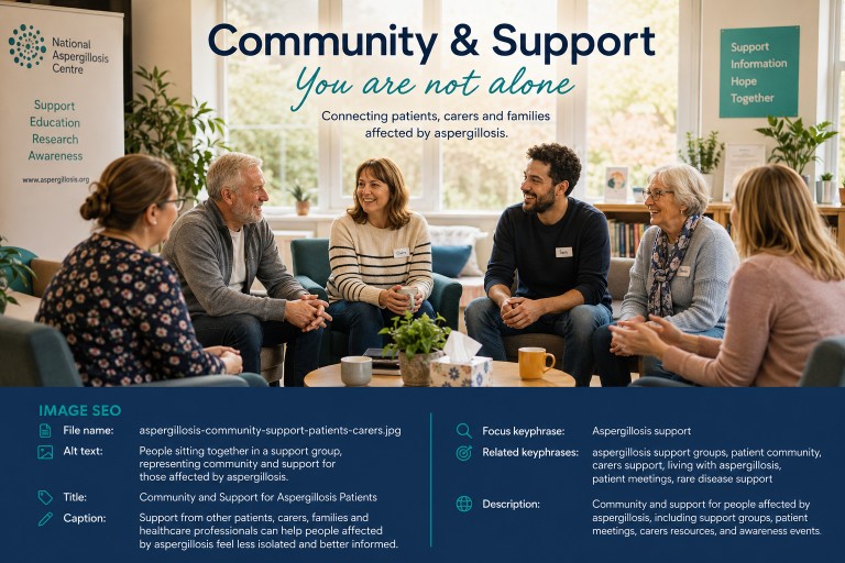 People sitting together in a welcoming support group setting, representing community, connection and support for those affected by aspergillosis.