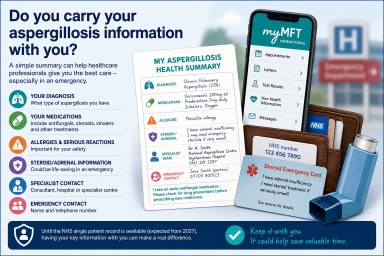 Illustration showing an aspergillosis patient health summary, myMFT patient portal, steroid emergency card, NHS number card and inhaler, highlighting the key medical information patients should carry for emergency and routine healthcare.