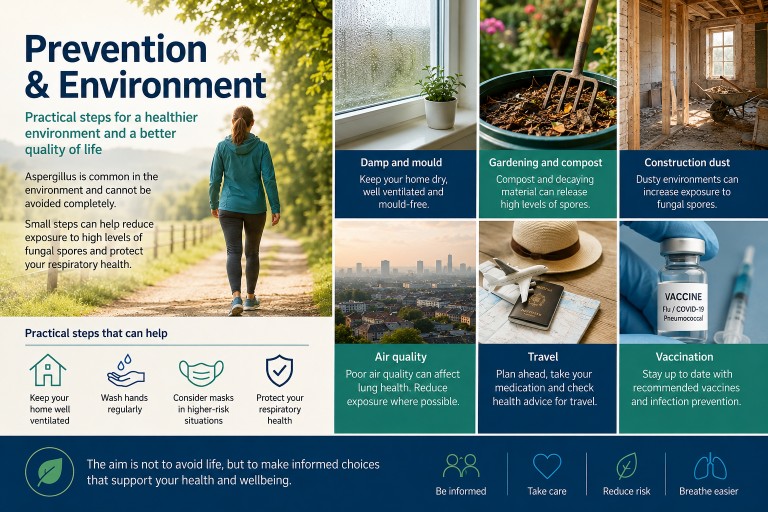 Infographic showing practical ways to reduce environmental risk for people affected by aspergillosis, including damp and mould management, gardening precautions, air quality, travel planning and vaccination.