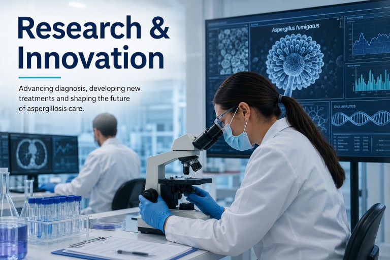 Scientists working in a modern laboratory, representing research, innovation, diagnostics and the development of future treatments for aspergillosis.