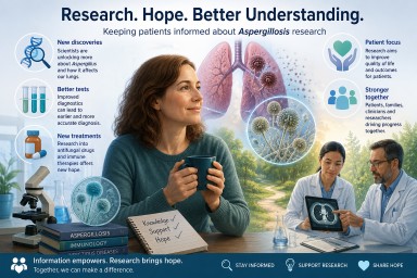Illustration showing recent aspergillosis research advances including improved diagnostics, ABPA risk factors, chronic pulmonary aspergillosis testing, immune therapies and patient-centred care.