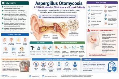 Medical illustration showing Aspergillus otomycosis, a fungal infection of the external ear canal, including fungal debris, symptoms, diagnosis and treatment principles.