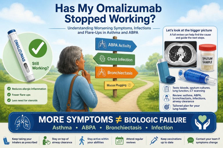 Patient considering different causes of worsening respiratory symptoms while receiving omalizumab treatment, including ABPA, bronchiectasis, chest infection and mucus plugging.