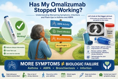 Patient considering different causes of worsening respiratory symptoms while receiving omalizumab treatment, including ABPA, bronchiectasis, chest infection and mucus plugging.