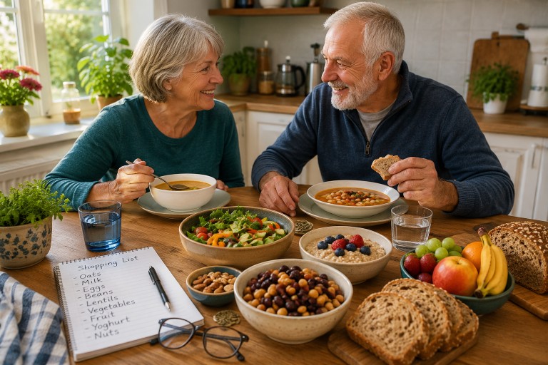 Older adults enjoying a healthy meal with vegetables, beans, fruit and whole grains in a home kitchen while living with a long-term health condition.