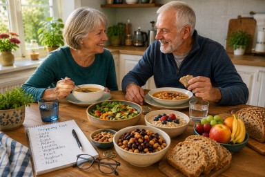 Older adults enjoying a healthy meal with vegetables, beans, fruit and whole grains in a home kitchen while living with a long-term health condition.