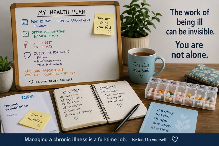 Whiteboard, medication organiser, diary and reminders illustrating the hidden workload of managing chronic illness, medications and healthcare appointments.