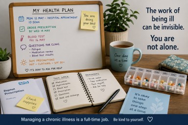 Whiteboard, medication organiser, diary and reminders illustrating the hidden workload of managing chronic illness, medications and healthcare appointments.