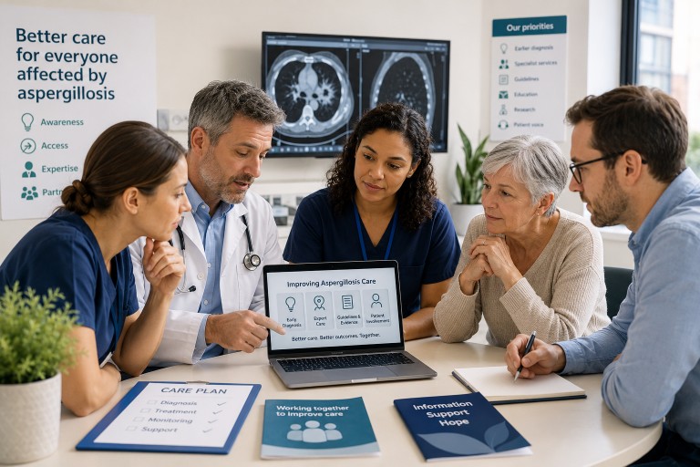 Multidisciplinary healthcare team and patient discussing diagnosis, treatment and care planning for aspergillosis, representing collaboration and improved patient care.