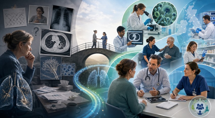 Patient journey from delayed diagnosis to specialist aspergillosis care supported by respiratory medicine, medical mycology, microbiology and multidisciplinary healthcare teams.