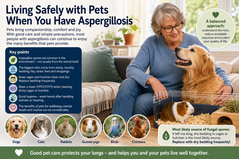 Person with aspergillosis safely caring for pets, with clean dry bedding, stored hay and advice about reducing fungal spore exposure.