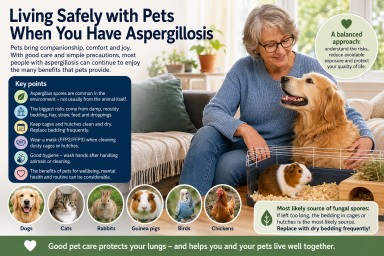 Person with aspergillosis safely caring for pets, with clean dry bedding, stored hay and advice about reducing fungal spore exposure.