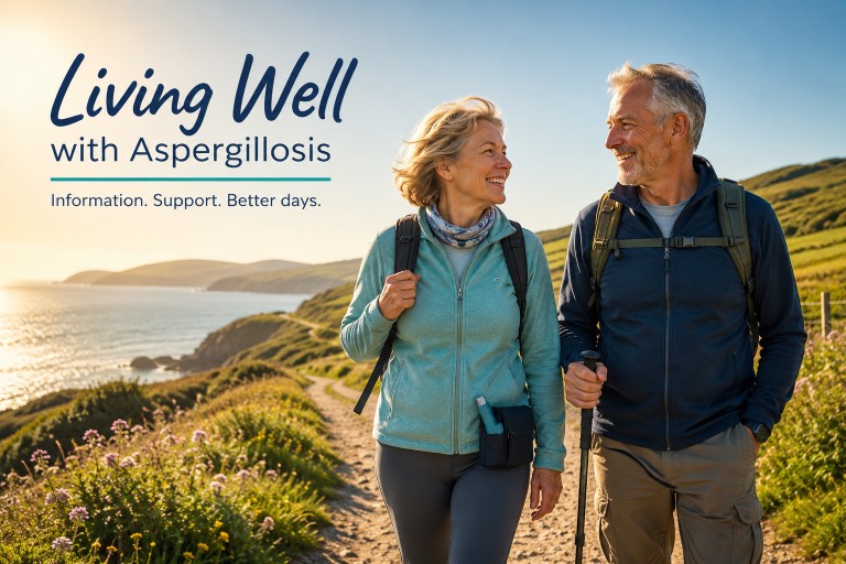 Two adults walking along a coastal path in sunshine, representing active living, wellbeing and quality of life while managing aspergillosis.