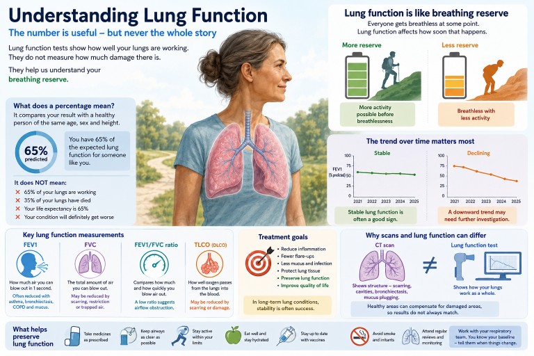 Educational infographic explaining lung function tests in aspergillosis and asthma, including FEV1, FVC, gas transfer, breathing reserve, treatment goals and why CT scans may not match lung function results.