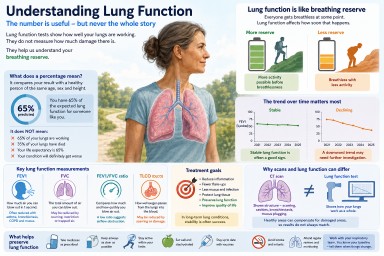 Educational infographic explaining lung function tests in aspergillosis and asthma, including FEV1, FVC, gas transfer, breathing reserve, treatment goals and why CT scans may not match lung function results.