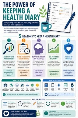 Infographic explaining the benefits of keeping a health diary for people with aspergillosis, including symptom tracking, identifying triggers, managing brain fog, preparing for medical appointments, monitoring progress and improving self-management.