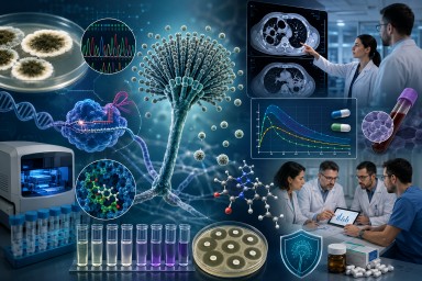 Scientific illustration showing Aspergillus research, antifungal susceptibility testing, therapeutic drug monitoring and clinical management featured in the May 2026 Professional Aspergillosis Update.
