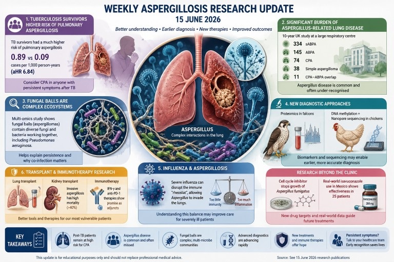Infographic summarising June 2026 aspergillosis research including tuberculosis-related chronic pulmonary aspergillosis risk, fungal ball biology, ABPA, advanced diagnostics and emerging immunotherapies.