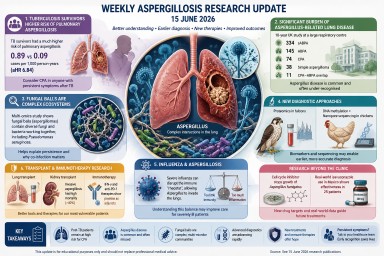 Infographic summarising June 2026 aspergillosis research including tuberculosis-related chronic pulmonary aspergillosis risk, fungal ball biology, ABPA, advanced diagnostics and emerging immunotherapies.