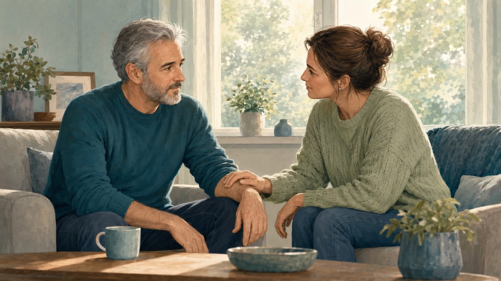 A man and woman sitting together at home in a quiet, supportive conversation.