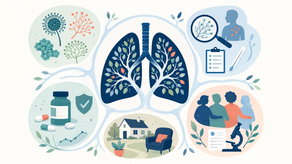 Illustration representing aspergillosis information, diagnosis, treatment, daily life, community and research