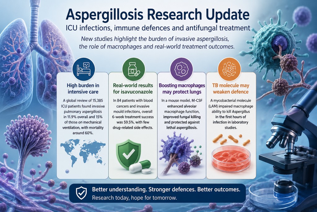 Aspergillosis research update infographic summarising July 2026 studies on invasive aspergillosis, isavuconazole, macrophages and tuberculosis.