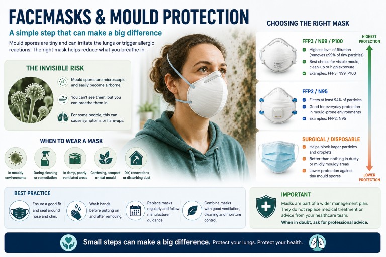 Person wearing a well-fitted FFP3 respirator in a mould-affected environment, illustrating how face masks can help reduce exposure to airborne mould spores for people with aspergillosis and bronchiectasis.
