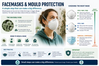Person wearing a well-fitted FFP3 respirator in a mould-affected environment, illustrating how face masks can help reduce exposure to airborne mould spores for people with aspergillosis and bronchiectasis.