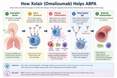 Illustration showing how Xolair (omalizumab) treats allergic bronchopulmonary aspergillosis (ABPA) by blocking IgE antibodies and reducing allergic inflammation in the lungs.