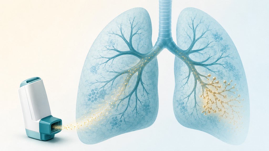 Illustration of inhaled itraconazole being delivered into the lungs as a potential treatment for ABPA