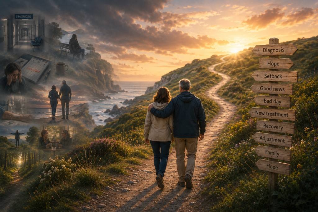 Couple walking together along a winding coastal path symbolising the emotional journey of living with chronic illness, including hope, setbacks, recovery and ongoing adaptation.