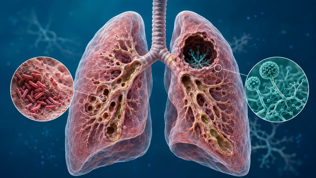 Medical illustration of NTM bacteria and Aspergillus fungus in lungs affected by bronchiectasis and a cavity.