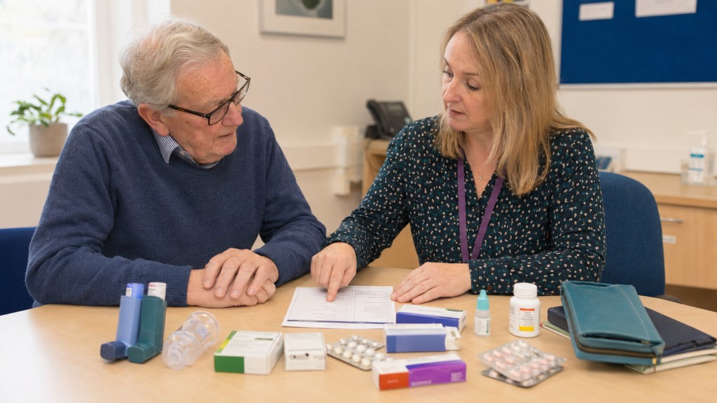 Older patient reviews inhalers, tablets and other medicines with a clinical pharmacist.