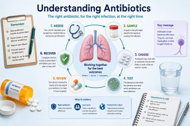 Illustration explaining how antibiotics are chosen for people living with aspergillosis and bronchiectasis, showing lungs, antibiotic tablets, sputum testing and the importance of targeted treatment.